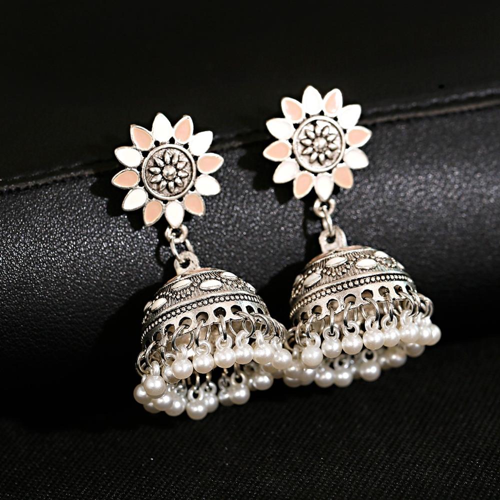 Ethnic Hollow Flower Turkish Jhumka Earrings For Women Vintage Indian Jewelry Silver Color Bell Tassel Dangling Earrings