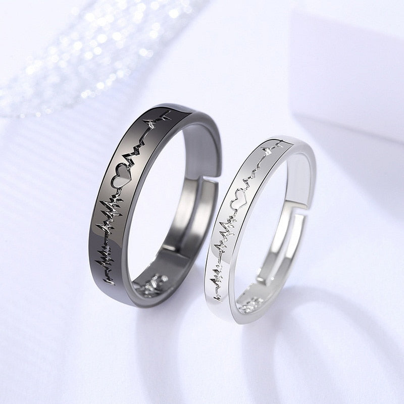 2pcs Fashion Couple Ring Set Minimalist ECG Wings Zircon Adjustable Rings For Women Men Punk Wedding Jewelry Best Lover Gift