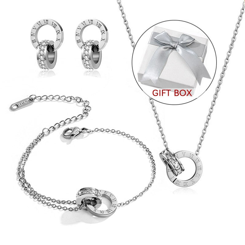 Luxury Elegant Roman Numeral Crystal Necklace Earrings Set For Women Fashion Stainless Steel Earrings 2021 Trend Wedding Jewelry