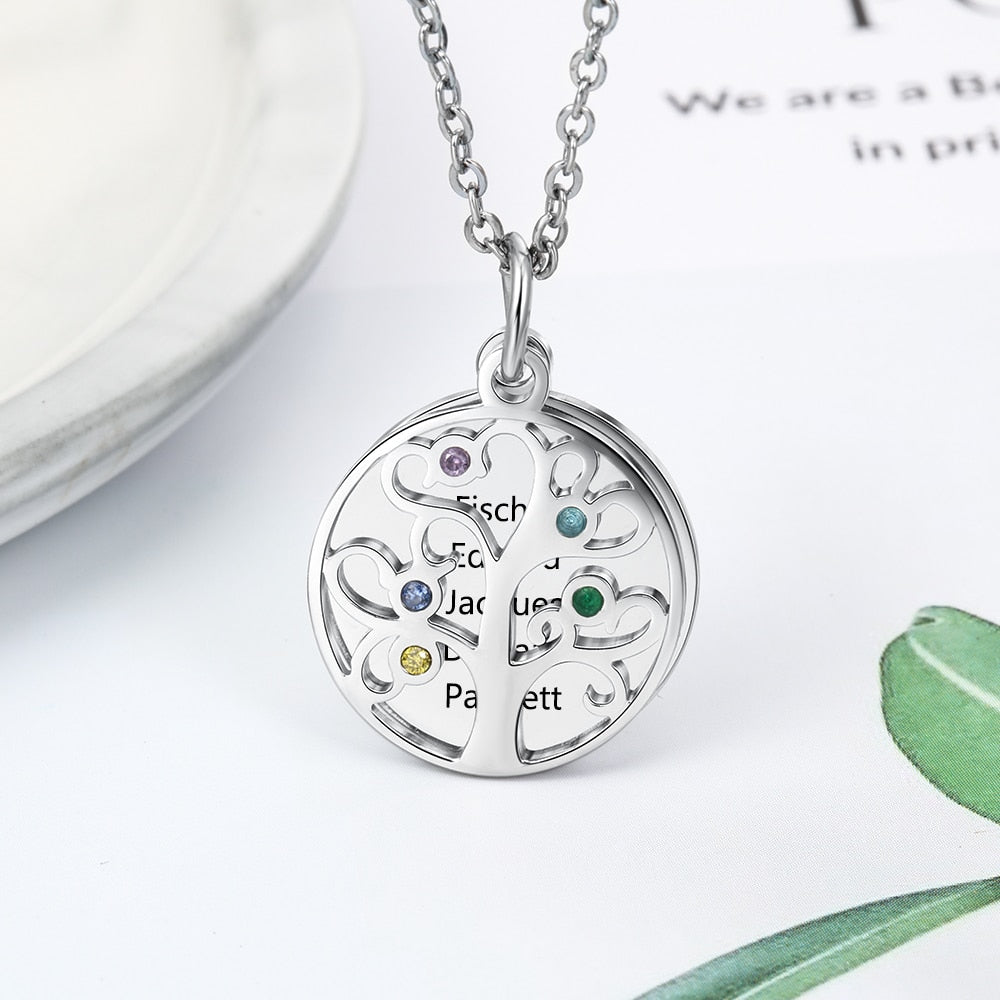 JewelOra Personalized Filigree Family Tree Pendant Necklace with Birthstones Women Custom Name Engraved Tree of Life Necklaces