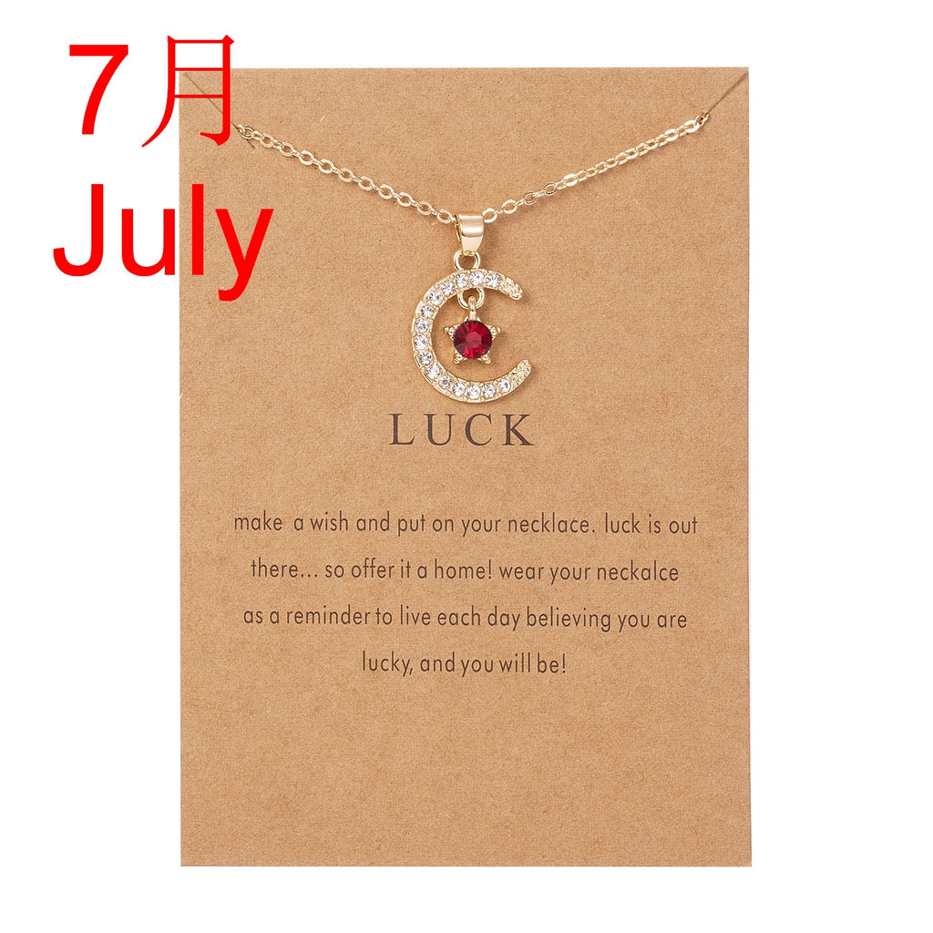 Moon Star Crystal Birthstone Pendant Necklace For Women Choker Mom Birthday Jewelry Gift Gold Color Clavicle Chain Wish Card.