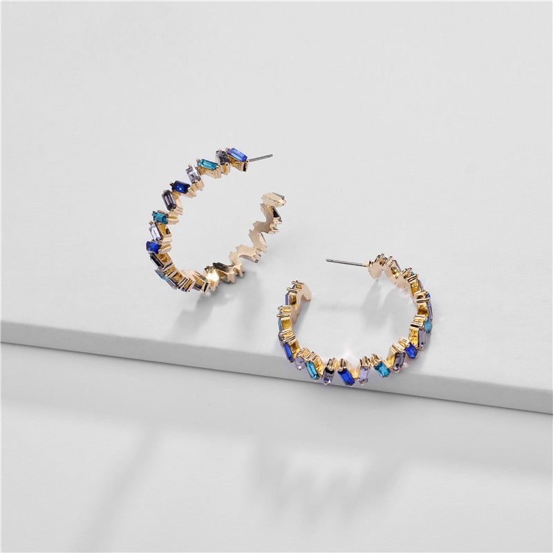 Fashion Ear Jewelry Rainbow Colorful Crystal Earring ZigZag Big Hoop Earrings for Women