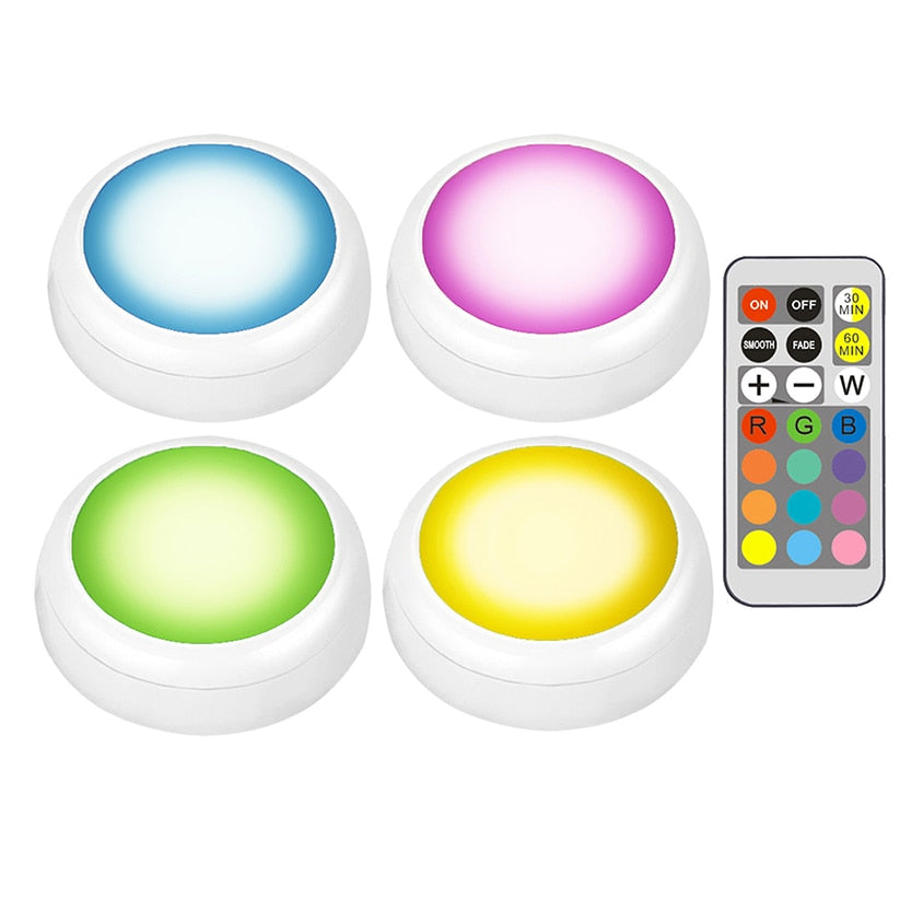 AIBOO LED Cabinet battery RGB Color Puck Lights Dimmable Under Shelf Kitchen  Counter Lighting remote controller night light