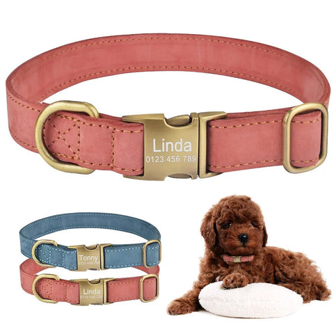 Leather Dog Collar Personalized Puppy Name Custom Engraved Boy Girl Buckle S-L