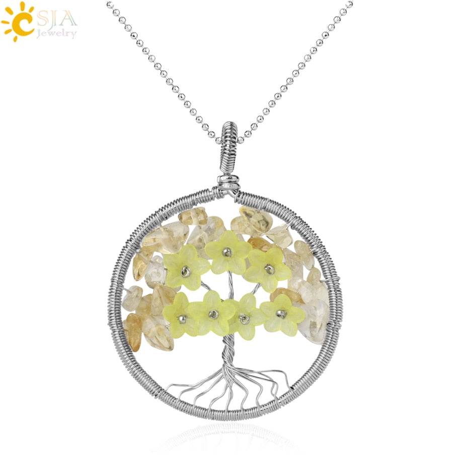 CSJA's Silver-Colored Tree of Life Pendant Necklace with Natural Stone - Wire-Wrapped Quartz Crystal Chip Bead Flower - Reiki Jewelry for Women - Model G306