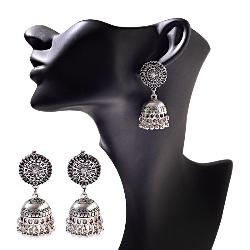 Ethnic Hollow Flower Turkish Jhumka Earrings For Women Vintage Indian Jewelry Silver Color Bell Tassel Dangling Earrings