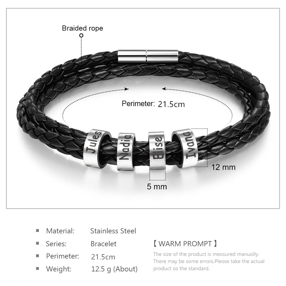 Personalized Stainless Steel Braided Rope Charm Bracelets Custom Men Leather Bracelets with 2-5 Names Beads Gift for Boyfriend