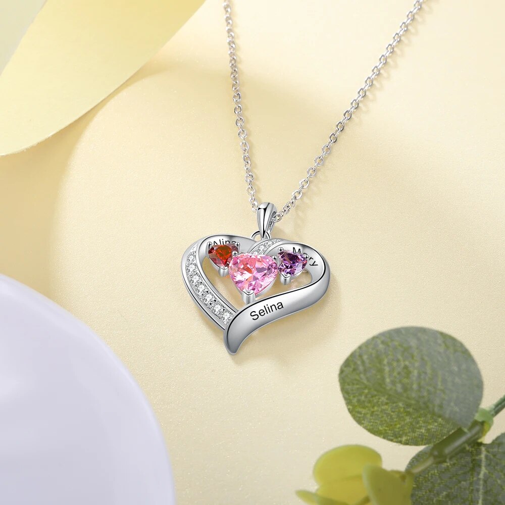 JewelOra Romantic Personalized Name Engraved Heart Necklaces for Women Customized 3 Birthstone Necklace Valentines Gift for Her