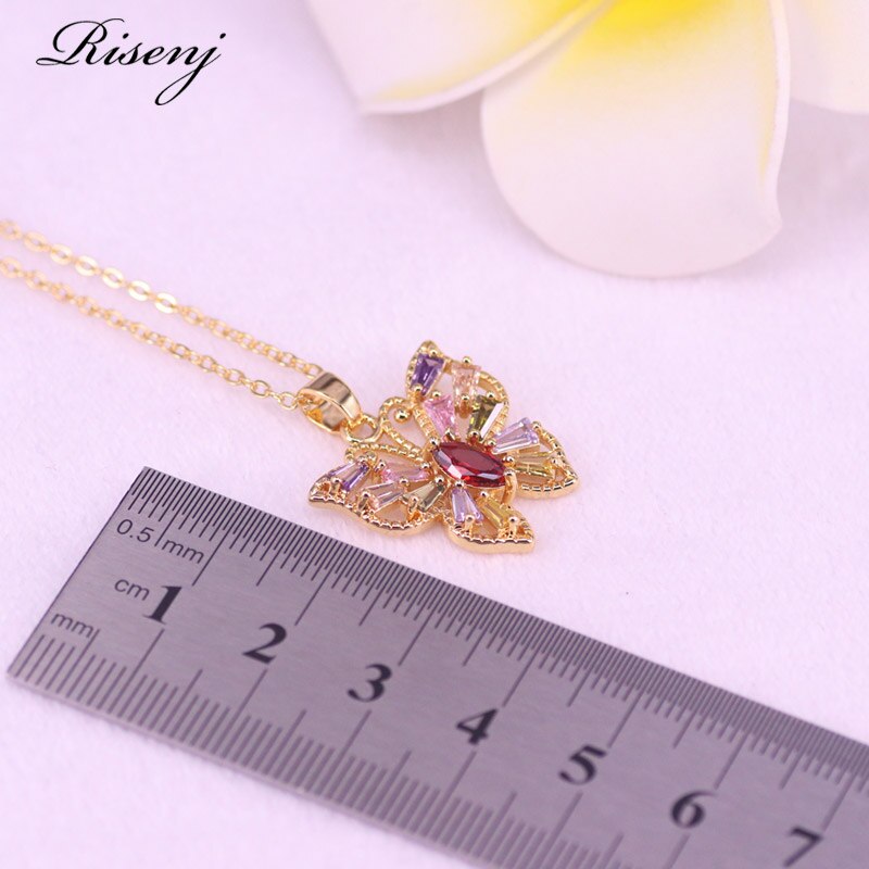 18K Gold Jewelry Set Butterfly Square With Mix Color/White AAA Zircon Jewelry Set  Stud Earrings Necklace Set