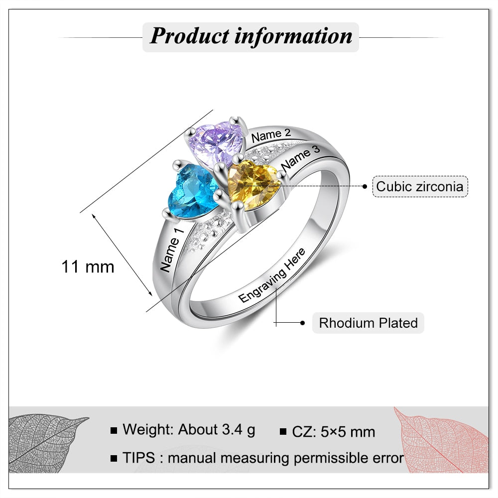 JewelOra Personalized Silver Color Engraved Name Copper Rings for Women Customized 3 Heart Birthstones Wedding Ring Gift for Mom
