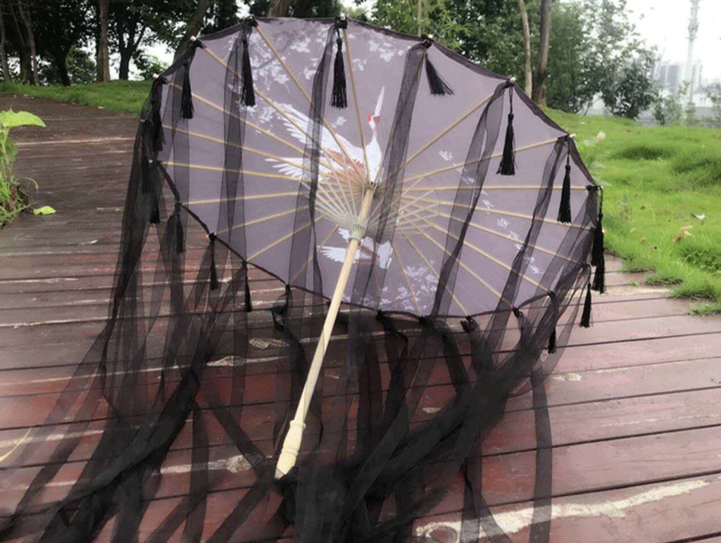 Silk Cloth Lace Umbrella Women Costume Photography Props Tasseled Umbrella Yarned Chinese Classical Oil-paper Umbrella Parasol