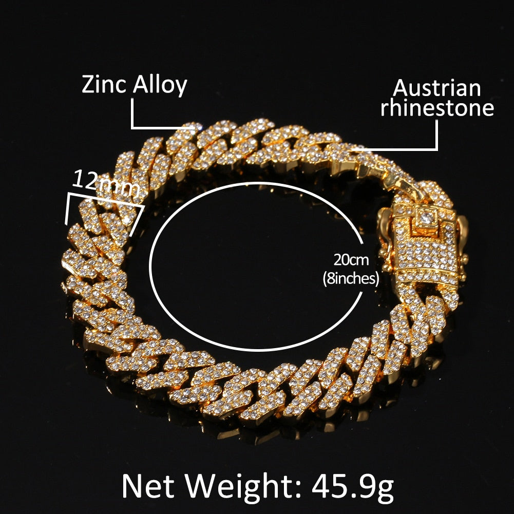 THE BLING KING 12mm 2 Row Cuban Chain Bracelet For Men Women Alloy Link Iced Out Rhinestone Trendy Hip Hop Jewelry Drop Shipping