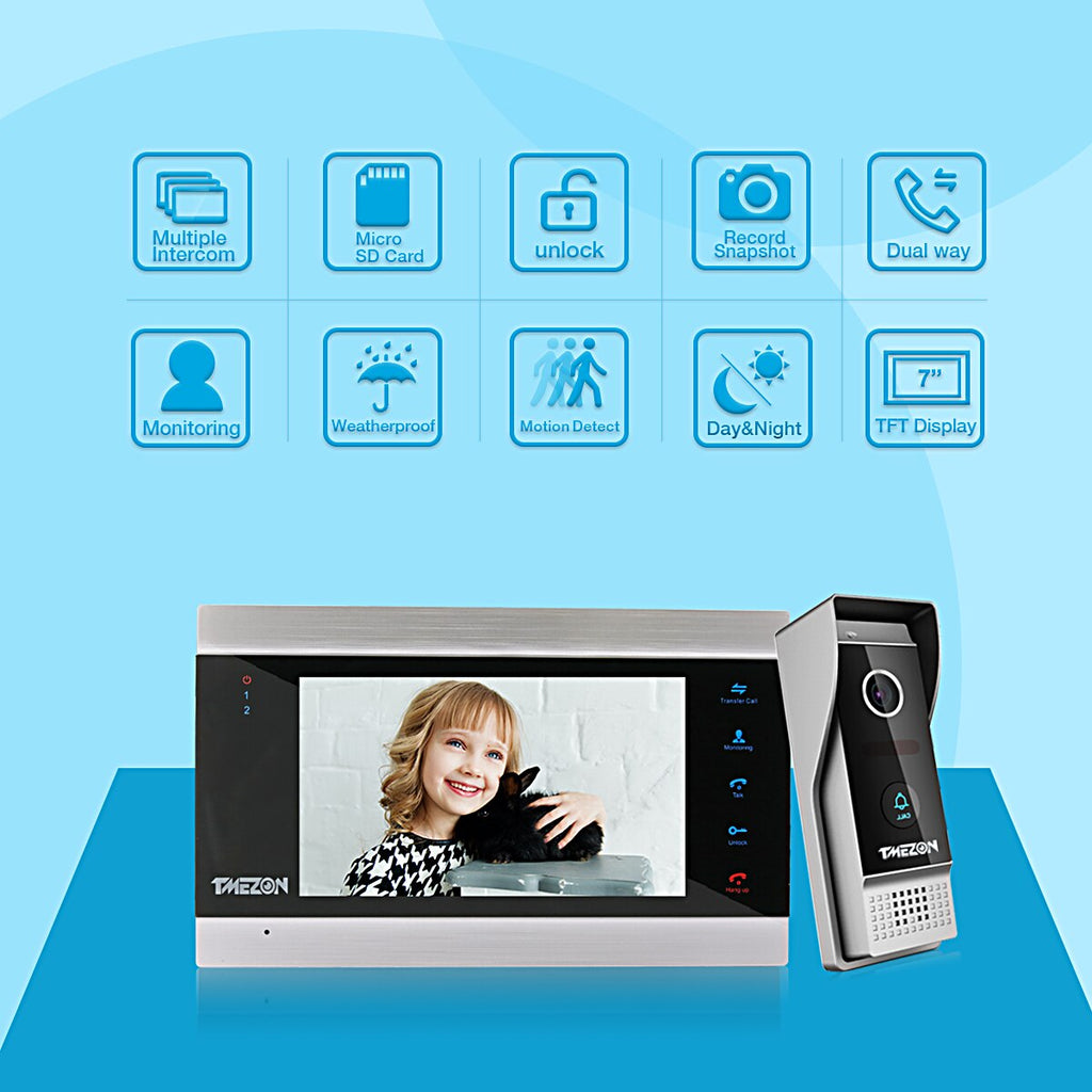 [1080P] TMEZON 7 Inch TFT Wired Video Intercom System with Waterproof Door Phone Camera,Support Recording/Snapshot Doorbell