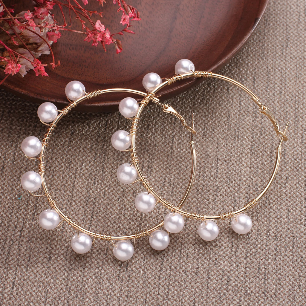 New white boho imitation pearl round circle hoop earrings female gold color big earrings korean jewelry statement earrings