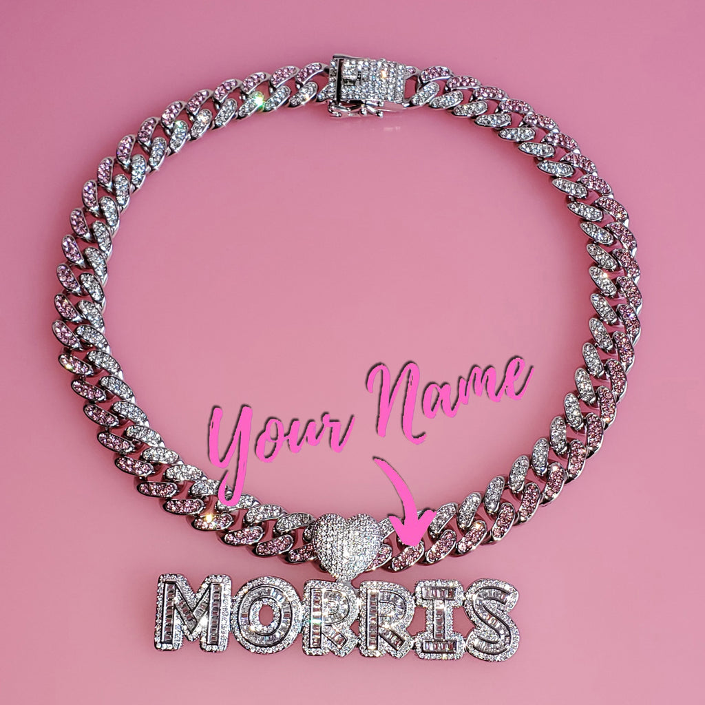 Pink&amp;Clear Stones Cuban Link Chain With Name Pendant Choker Heart Bail Icy Letters Necklace Blingbling Monogram Custom Necklace