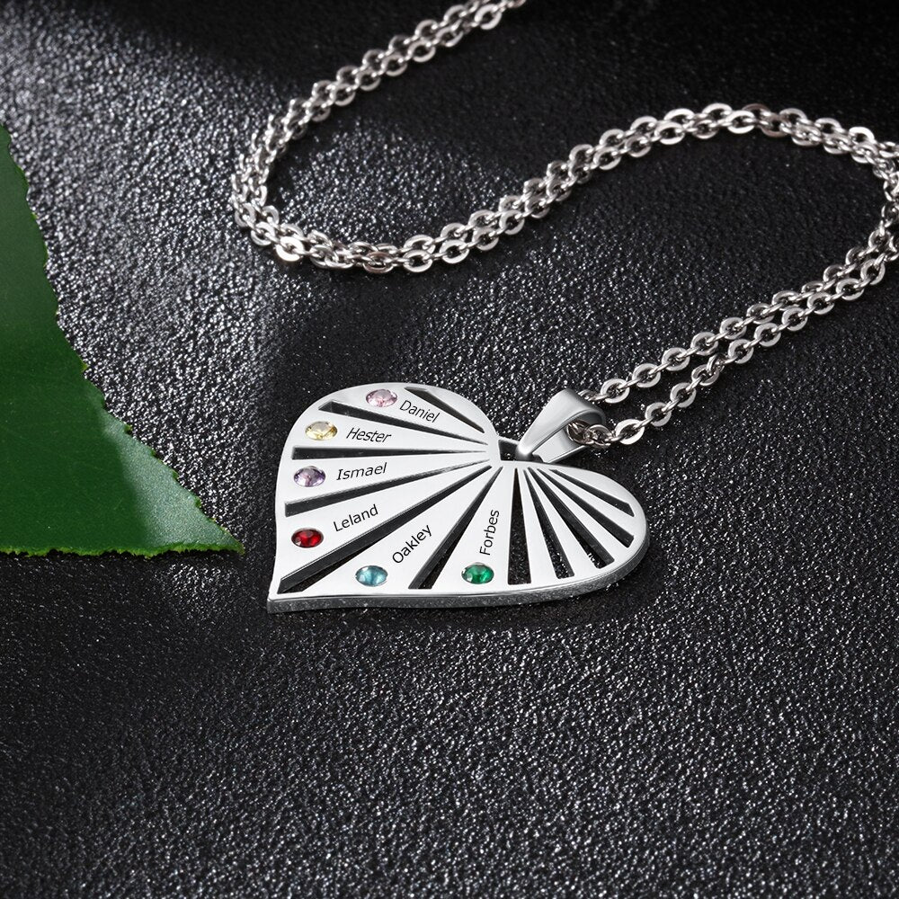 Personalized 6 Birthstones Necklaces for Women Custom Name Heart Stainless Steel Pendant Necklace Family Mother Gift (NE103425)