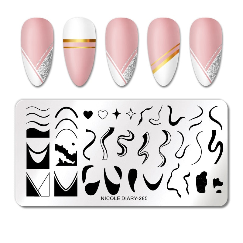 NICOLE DIARY Leaves Flower Stripe Design Stamping Plates Abstract Lady Face Nail Stamp Templates Leaf Floral Printing Stencil