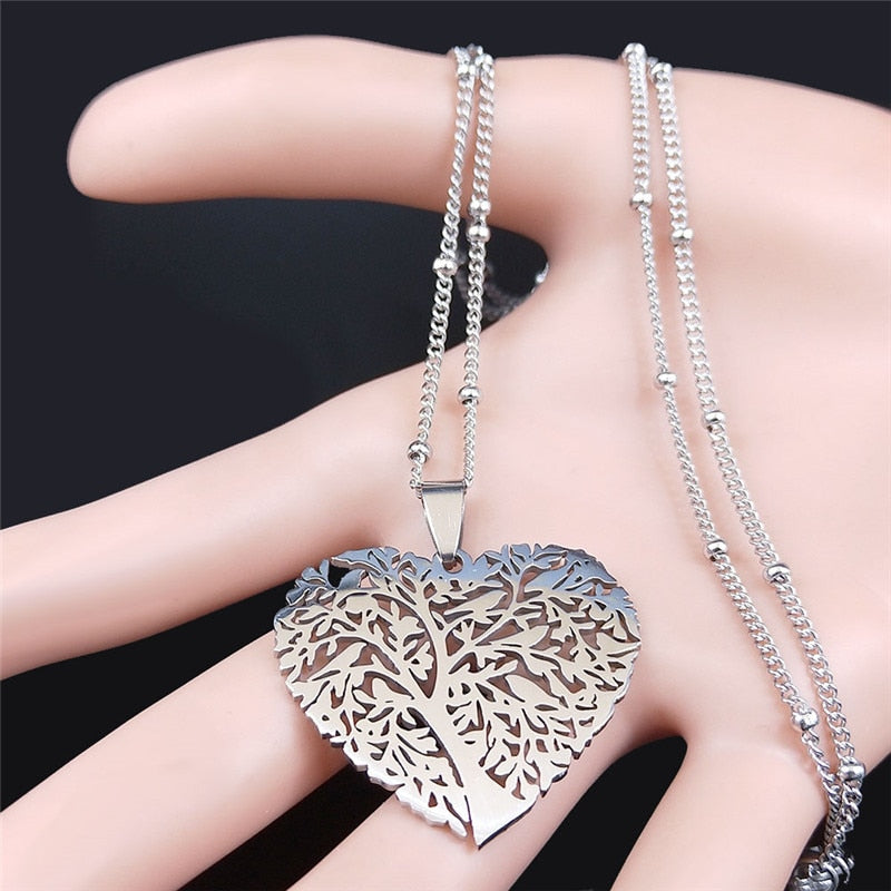 Fashion Heart Tree of Life Stainless Steel Statement Necklace for Women Silver Color Necklaces Jewelry collares  N4205S01