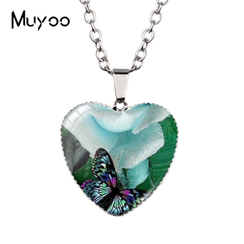 New Arrival Purple Blue Colorful Butterflies with Flower Heart Handcraft Jewelry Pendants Magical Butterfly Heart Necklace HZ3