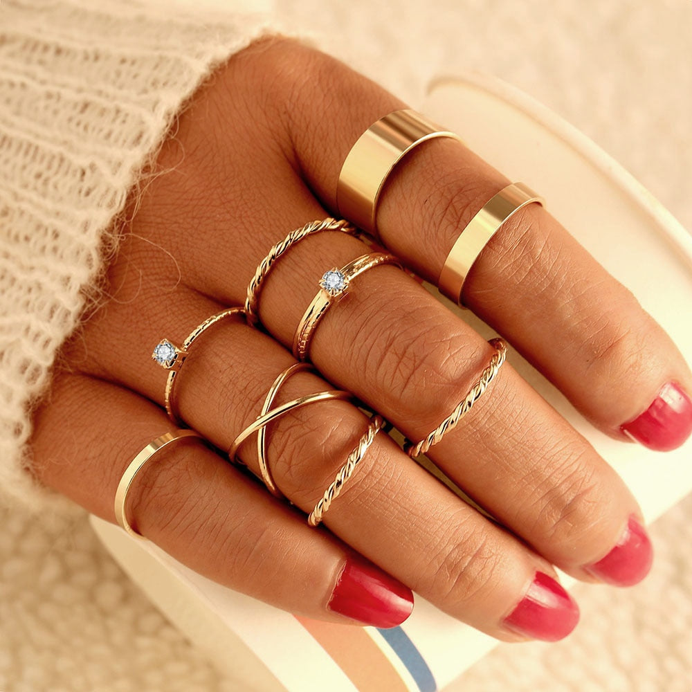 Women Twist Pearl Pearl Rings Set Fashion Geometric Hollow Crystal Ring For Women Heart Joint Rings Boho Jewelr Accessories