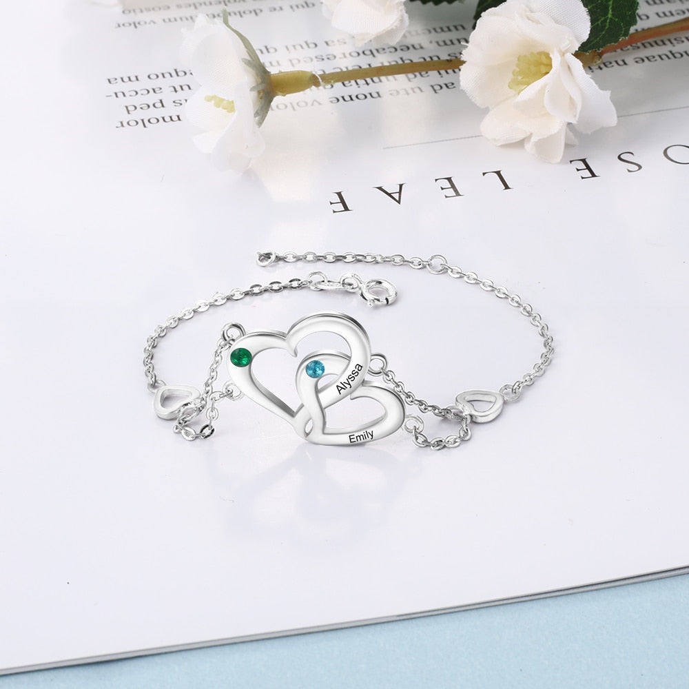 Personalized Intertwined Heart Bracelet with Birthstone Women Engraved Name Bracelets Custom Gift for Lovers(JewelOra BA102562)