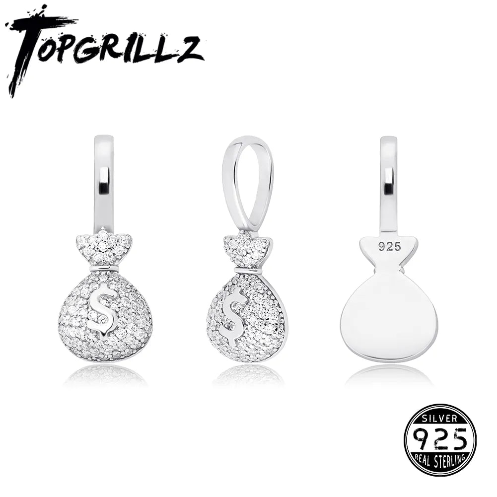 TOPGRILLZ 925 Sterling Silver MONEY BAG Pendant With Box Chain Iced Out Cubic Zirconia Pendant Hip Hop Jewelry Gift For Women