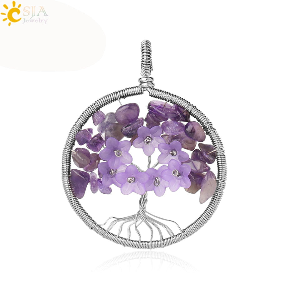 CSJA's Silver-Colored Tree of Life Pendant Necklace with Natural Stone - Wire-Wrapped Quartz Crystal Chip Bead Flower - Reiki Jewelry for Women - Model G306