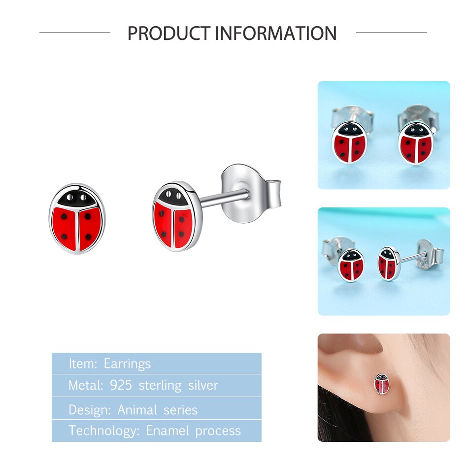 ELESHE Fashion 925 Sterling Silver Earrings Children Jewelry Red Enamel Animal Ladybug Small Stud Earrings For Kids Girls Baby