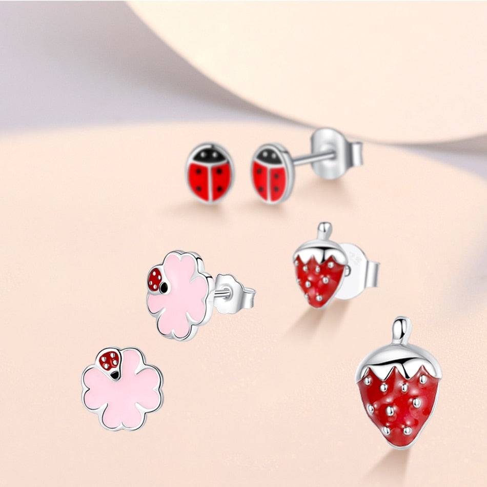 ELESHE Fashion 925 Sterling Silver Earrings Children Jewelry Red Enamel Animal Ladybug Small Stud Earrings For Kids Girls Baby