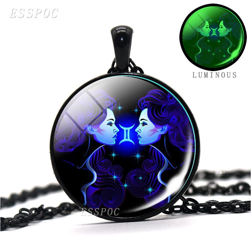 12 Constellations Zodiac Signs Luminous Glass Cabochon Necklace - Leo, Virgo, Cancer, Libra, Gemini, Pisces, Aries and More