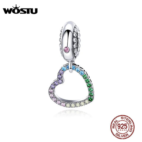 WOSTU 925 Sterling Silver Dazzling Rainbow Heart Dangle Charms fit Original DIY Bead Bracelet Necklace Jewelry Gift Lover CQC896