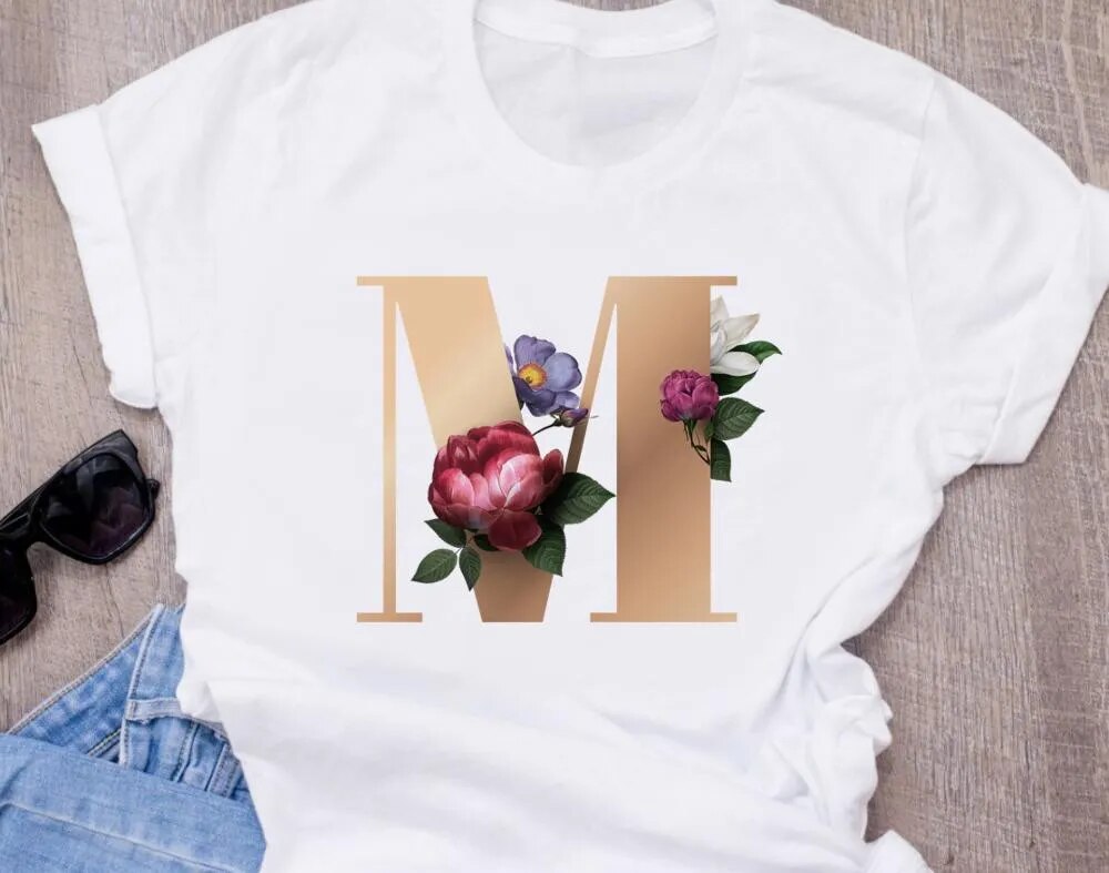 High-Quality Custom Personalized Name Letter (O) Combination T-Shirt for Women with Floral Alphabet Design in Short Sleeves.