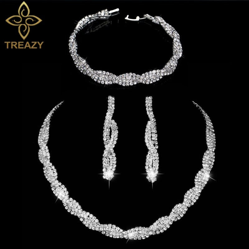 TREAZY Silver Color Rhinestone Crystal Bridal Jewelry Sets for Women Necklace Earrings Bracelet Set Wedding Jewelry Accessories