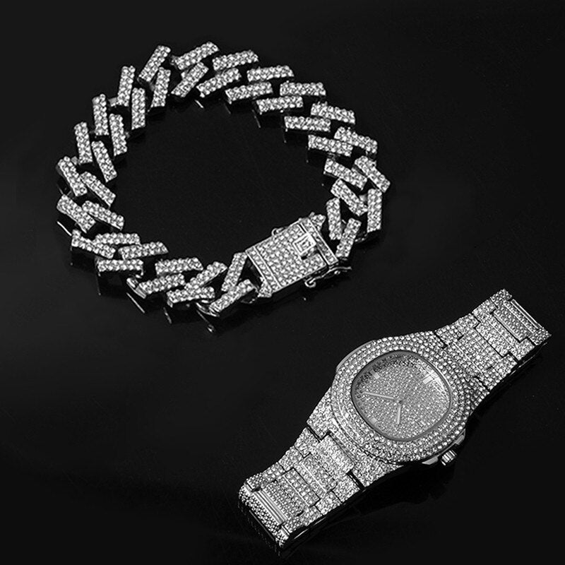 Hip Hop 15MM Necklace +Watch+Bracelet Bling Iced Out Miami Zircon Cuban Pave Rhinestone Men Bracelet Necklace For Men Jewelry