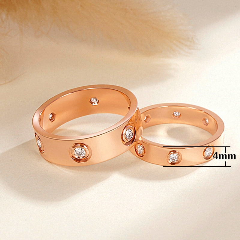 Classic Stainless Steel Wedding Band with Cubic Zirconia by WLP. Stylish Love Ring in Rose Gold Stainless Steel for Couples: A Luxury Brand Jewelry Wedding Gift with CZ Crystals.