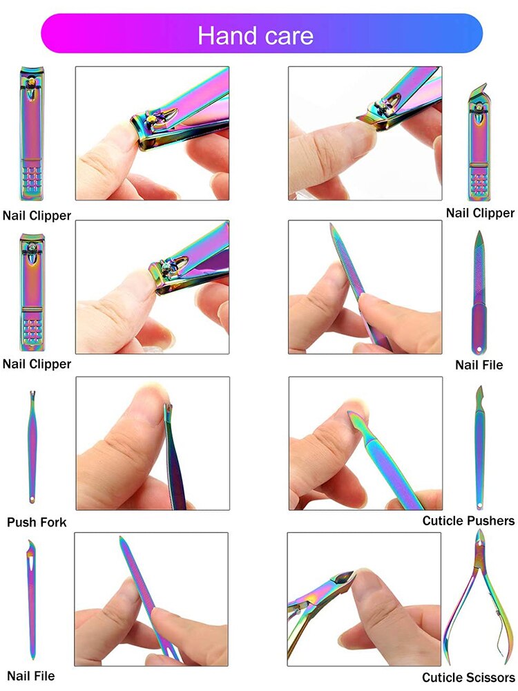 8/18 Pieces New Rainbow Manicure Kit Pedicure Professional Grooming Care Tools Nail File Nail Clippers With Leather Manicure Set