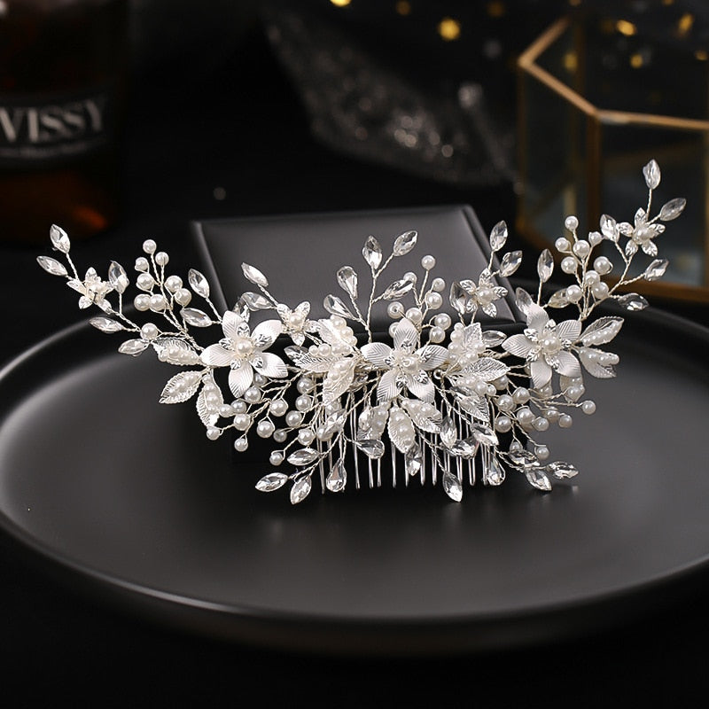 Luxury Women Comb Jewelry Handmade Alloy Imitation Pearl Silver Color Flower Hair Comb Bridal Wedding Headdress Headpeice VL
