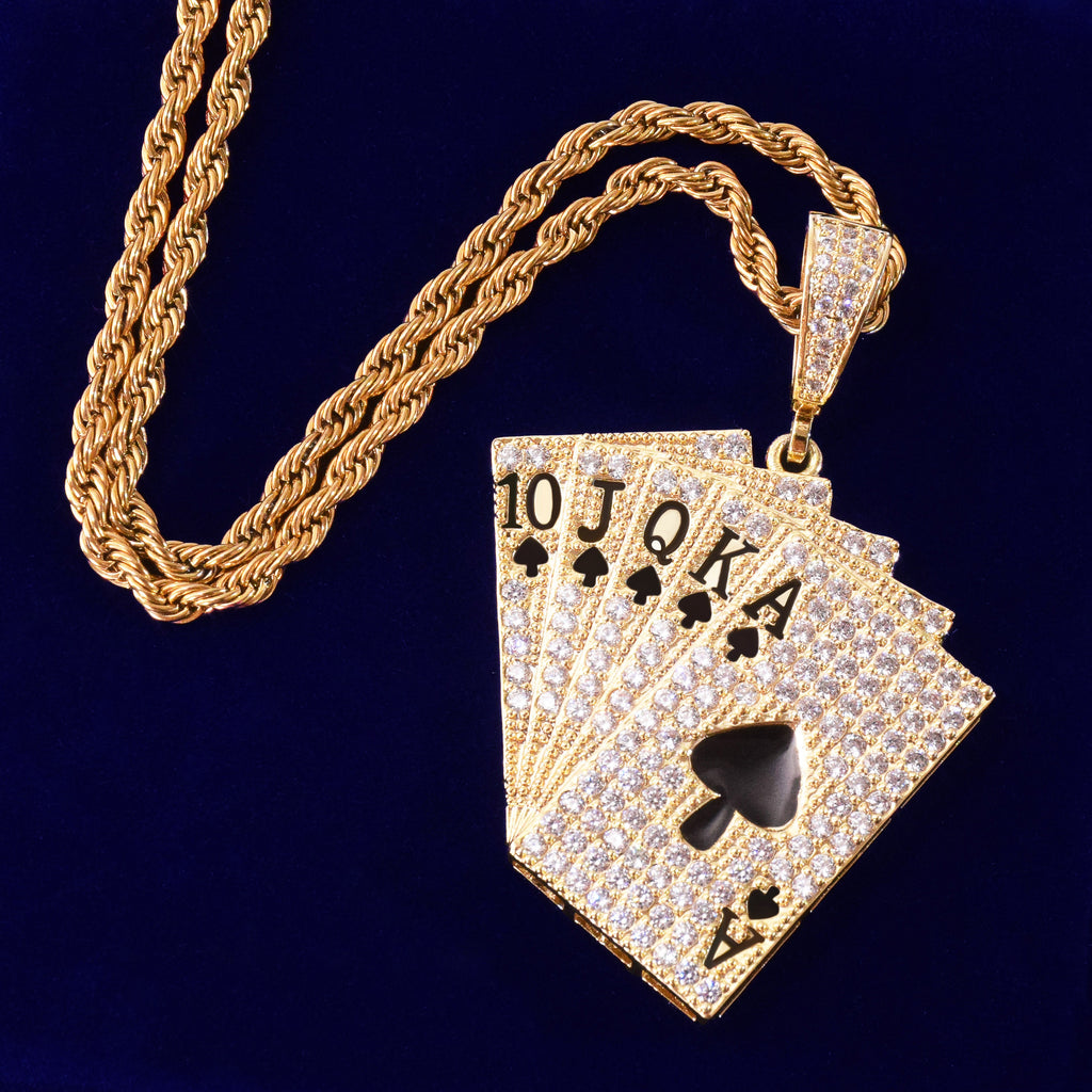 Poker Card Pendant Necklace Cubic Zircon Men&#39;s Hip Hop Rock Jewelry