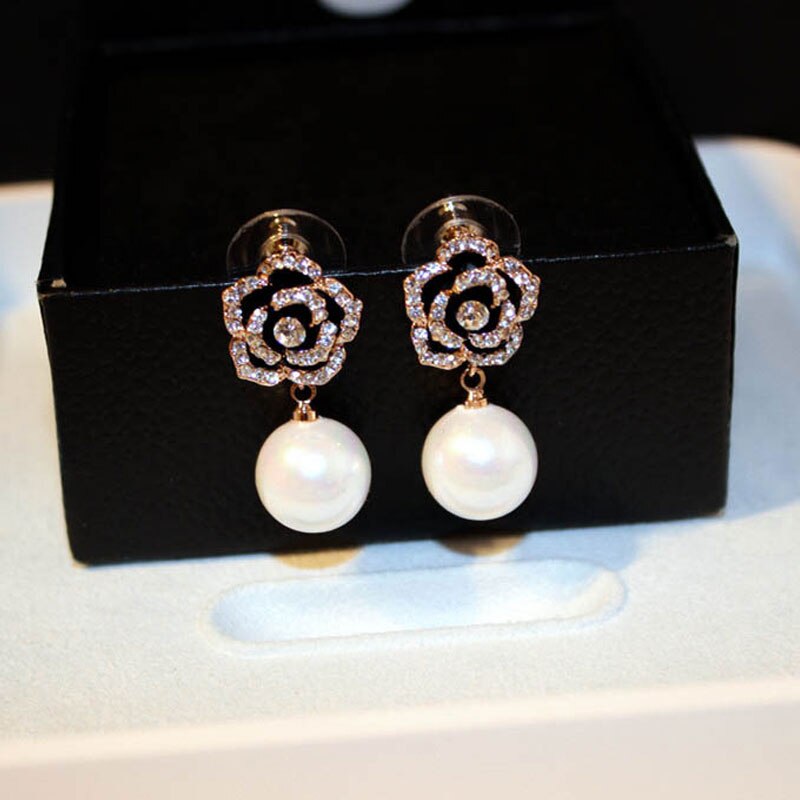 Exquisite Flowers Pearls Luxury Famous Brand Boucles Jewelry Earrings For Women Rhinestone Rose Fancy Earring