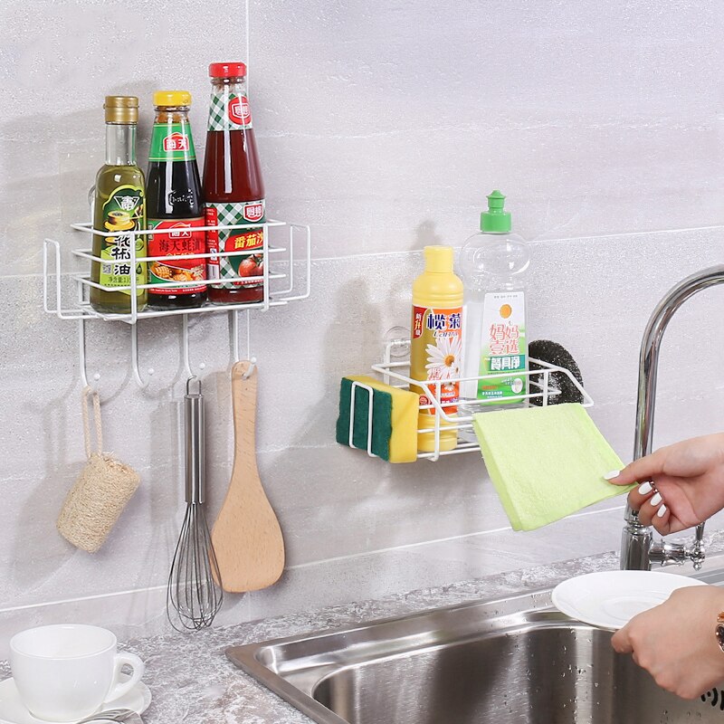 Self Adhesive Sink Sponge Bottle Rack Holder Kitchen Spice Organizer Storage Racks Drainer Metal Basket Hook Multi Purpose