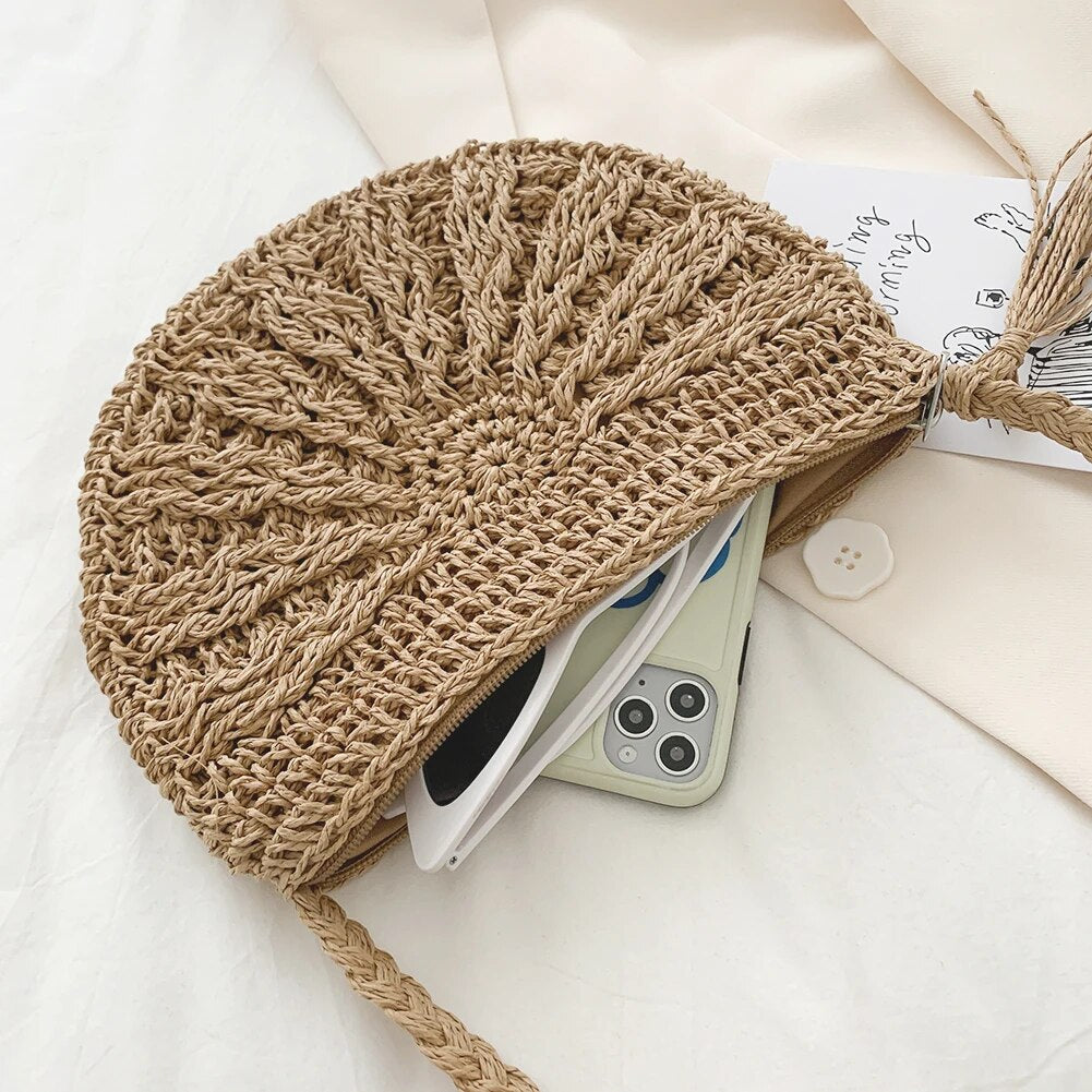 Women Fashion Straw Rope Handmade Woven Shoulder Messenger Bags 2021 Casual Solid Ladies Summer Vacation Beach Crossbody Bags