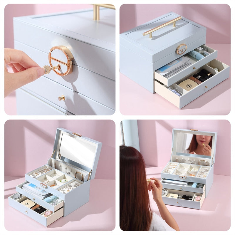 Casegrace Large Jewelry Organizer Box Luxury PU Leather Jewellery Storage Gift Case With Mirror for Watch Earrings Necklace Ring