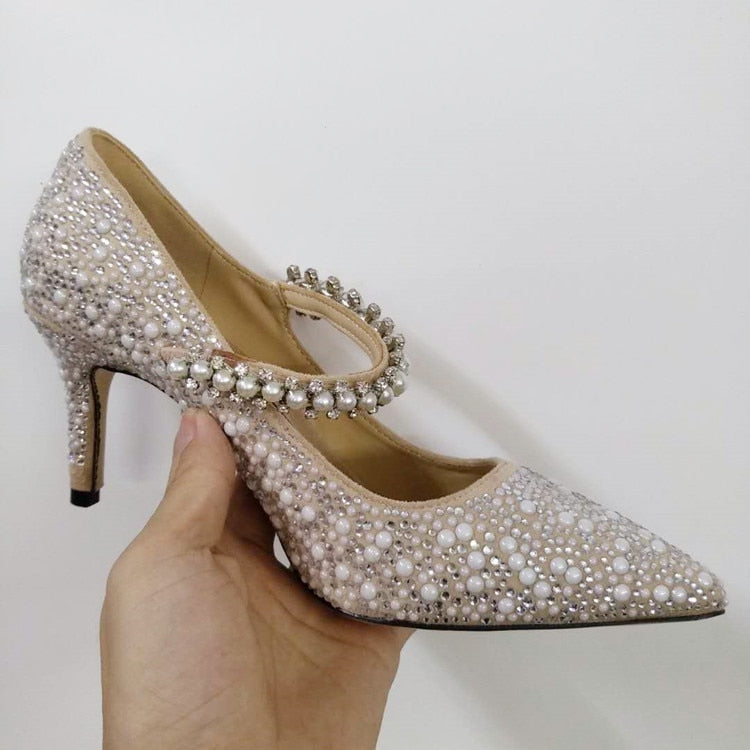 Pearl Slippers Shoes Women Basic 2023 Summer Flock Shiny Rhinestones Pointed Toe Flats Pearl Slippers Fashion Party Women Shoes