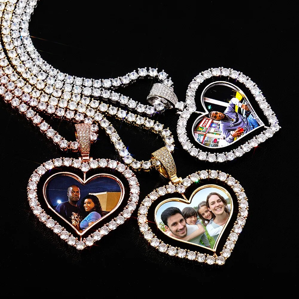 TOPGRILLZ Heart Shaped Custom Photo Spin Double Sided Medallion Pendant Necklace With 4mm Tennis Chain Zircon Hip Hop Jewelry