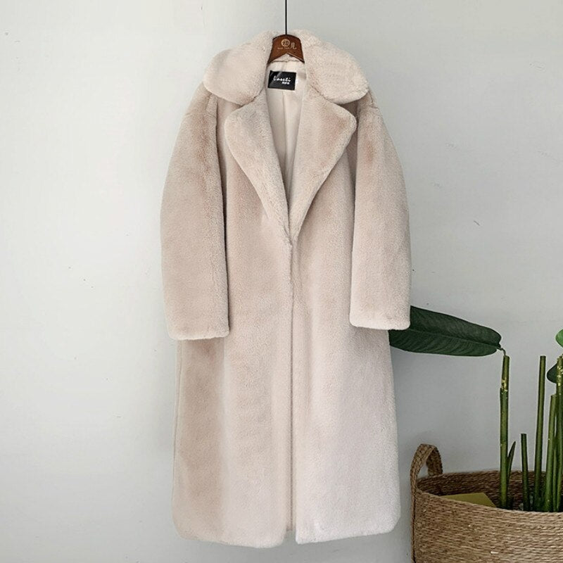 2022 New Women Winter Warm Faux Fur Coat Thick Women Long Coat Turn Down Collar Women Warm Coat Casaco Feminino