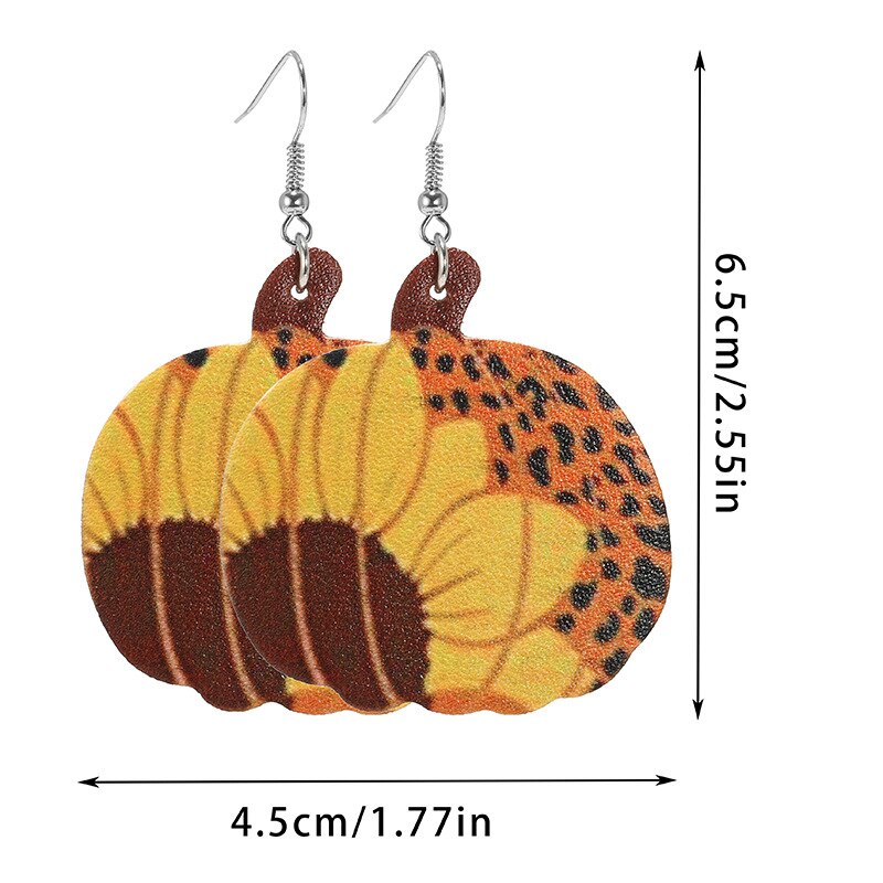 Pumpkin Maple Thanksgiving Leather Earrings Women Vintage Unique Floral Checked Print Leather Teardrop Dangle Earrings Gifts