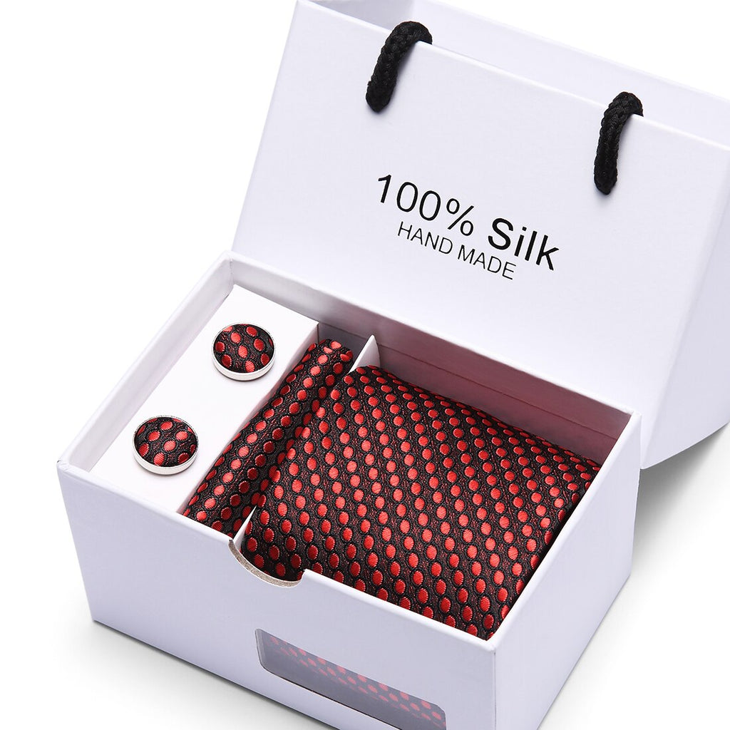 Joy alice New Men's Tie Hanky Cufflinks Set With Gift Box Red polka dot Fashion Ties For Men Wedding Business Party Groom SB43