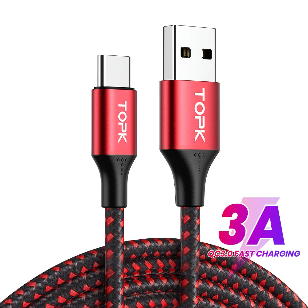 TOPK AN10 3A Micro USB Type C Phone Charger Charging Cable Cord Quick Charge Mobile Phone Cables Wire for Xiaomi Redmi Note 10 9