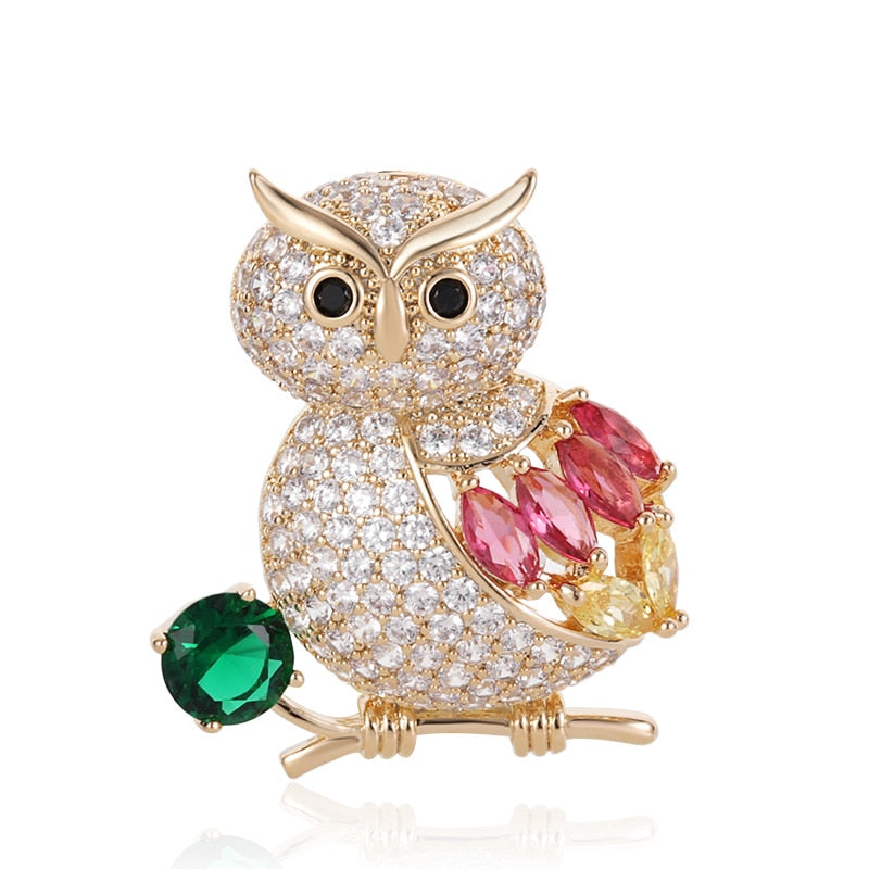 Blucome Luxury Colorful Cubic Zircon Owl Bird Brooches Corsage Gold Color Copper Women Weddings Banquet Brooch Lapel Pins Gifts