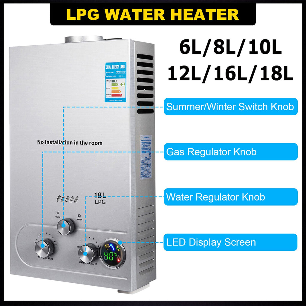 VEVOR Propane Gas Heater Instant Water Heater 6L/8L/10L/12L/16L/18L Water Heater 36KW Tank Tankless Stainless Steel Water Heater